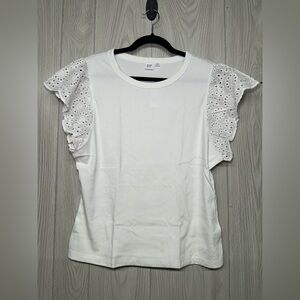 GAP Ribbed Eyelet Flutter Sleeve Top, White Crew Neck, Women's XL